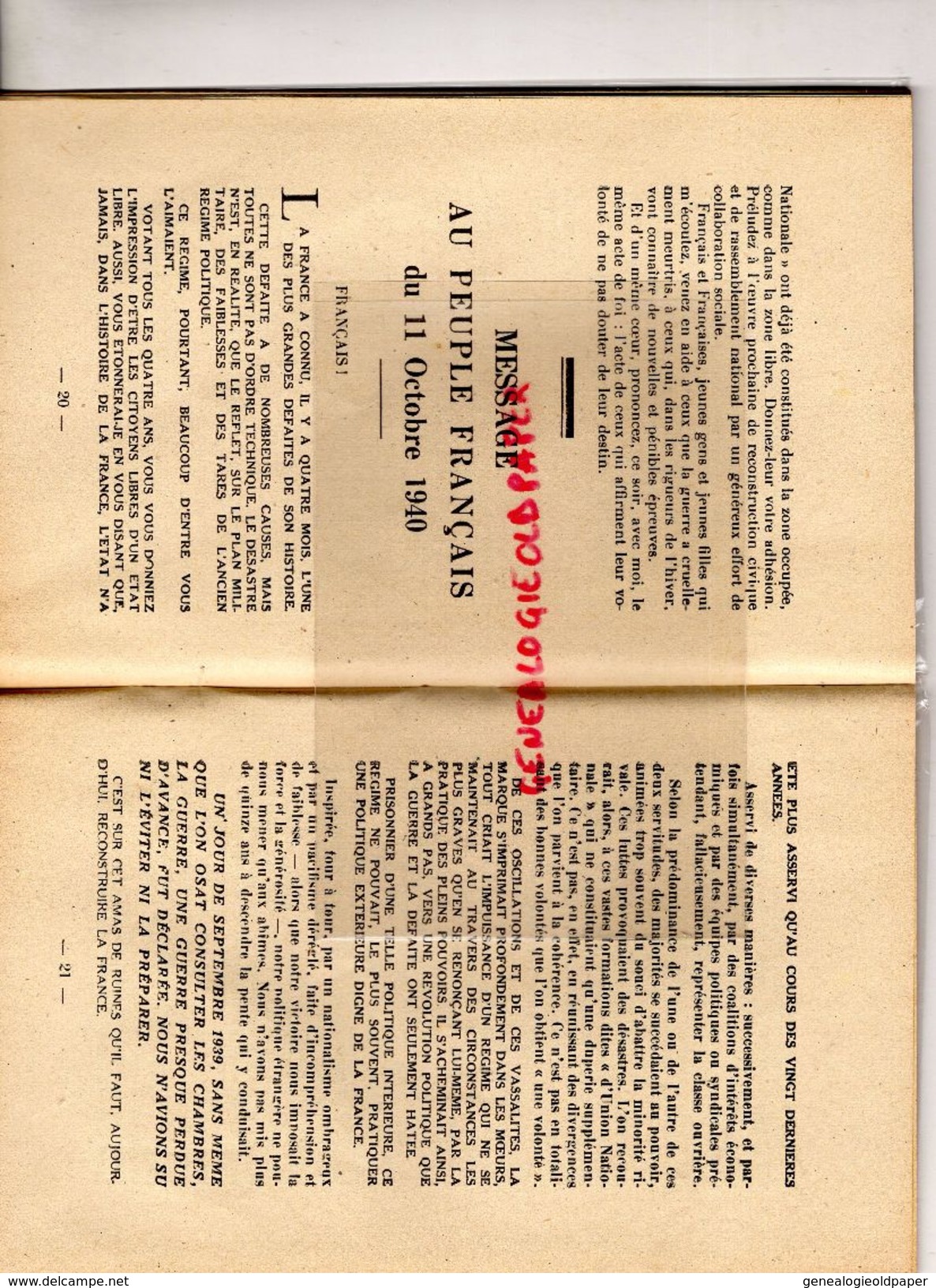 RARE MARECHAL PETAIN-JUIN 1940-MARS 1941-APPELS ET MESSAGES AUX FRANCAIS-SAINT ETIENNE-GRENOBLE-IMPRIMERIE TOULOUSE - War 1939-45