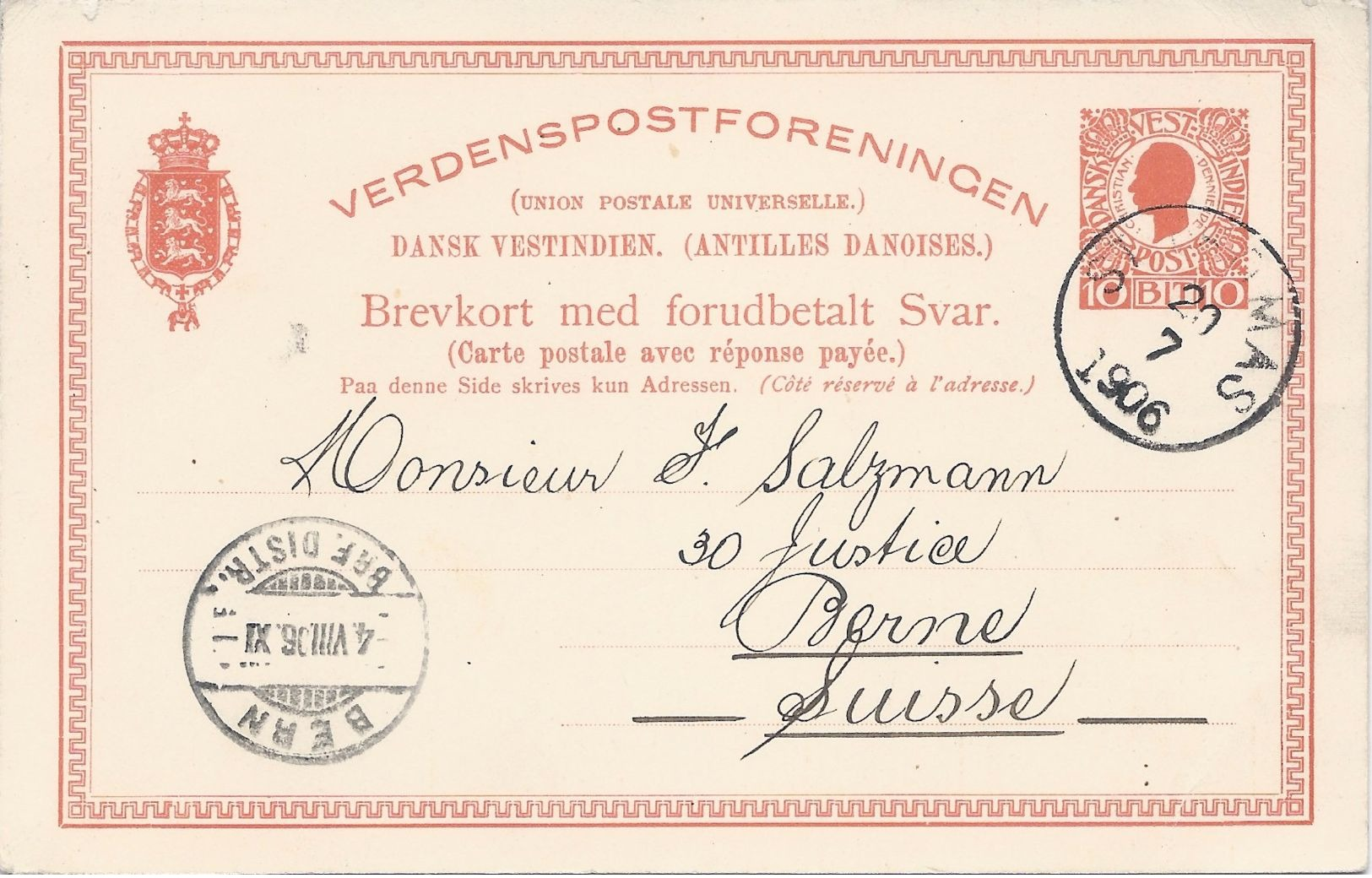 Danish West Indies, 1906 Postal Reply Card, Facit #BKd 10b, Sent To Switzerland, V.F. - Dänisch-Westindien