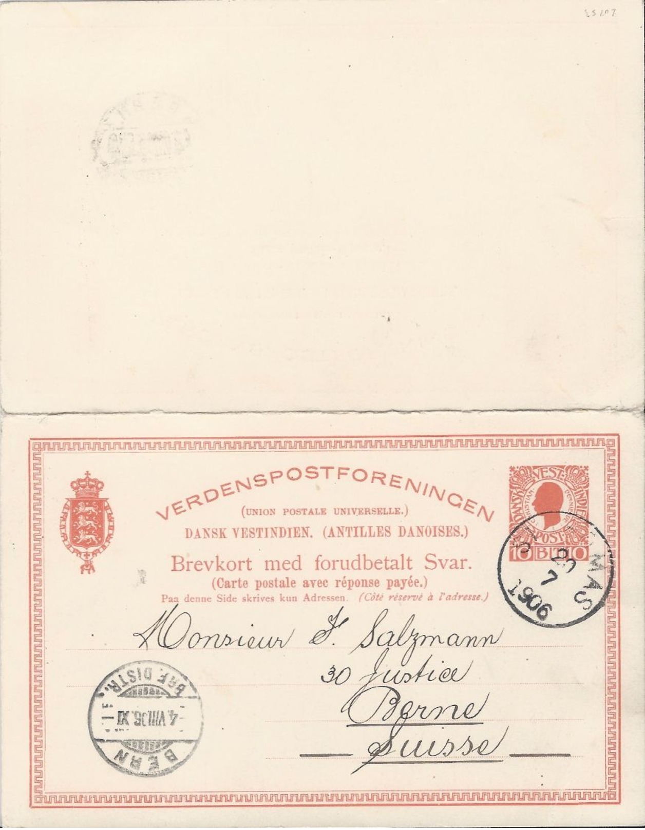 Danish West Indies, 1906 Postal Reply Card, Facit #BKd 10b, Sent To Switzerland, V.F. - Dänisch-Westindien