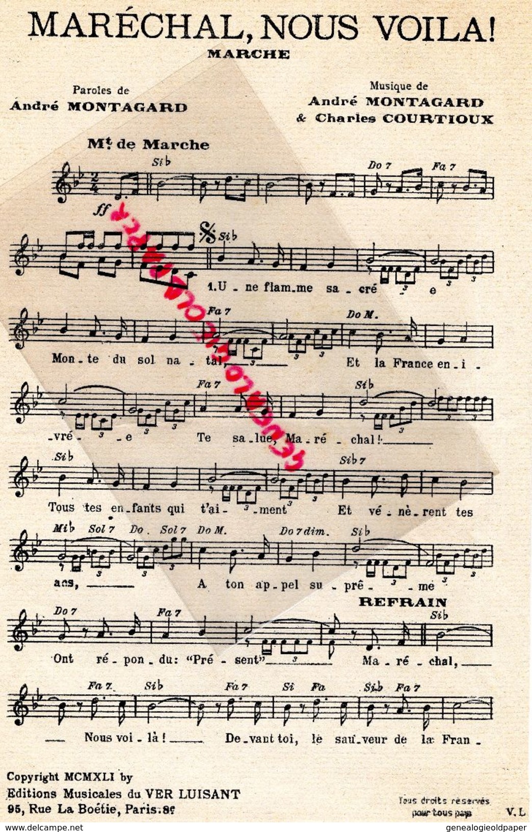 PARTITION MUSICALE- MARECHAL PETAIN - LE SERMENT DE LA FRANCE A SON CHEF- MARECHAL NOUS VOILA- 1941 PARIS CODINI JULSAM - Scores & Partitions