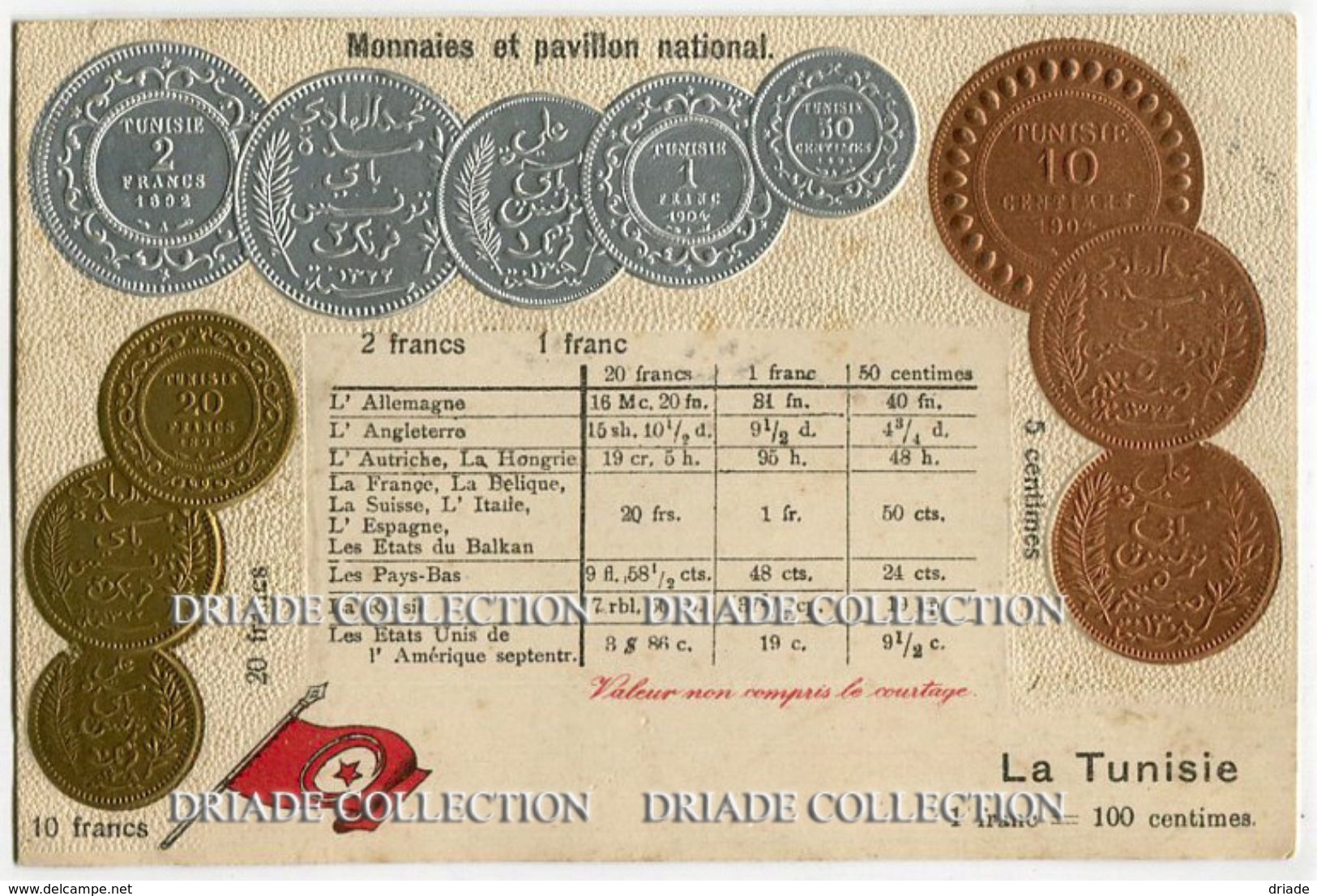 CARTOLINA CON RAPPRESENTAZIONE A RILIEVO MONETE MONNAIES ET PAVILLON NATIONAL LA TUNISIE FRANC - Monete (rappresentazioni)