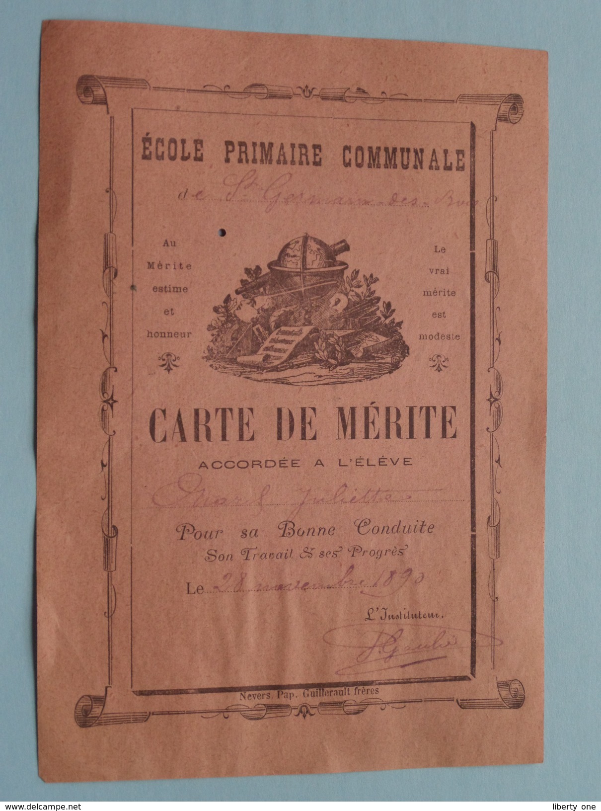 Ecole Primaire Communale De St. Germain-des-Bois " Carte De Mérite " Anno 1890 ( Voir Photo ) ! - Diplômes & Bulletins Scolaires