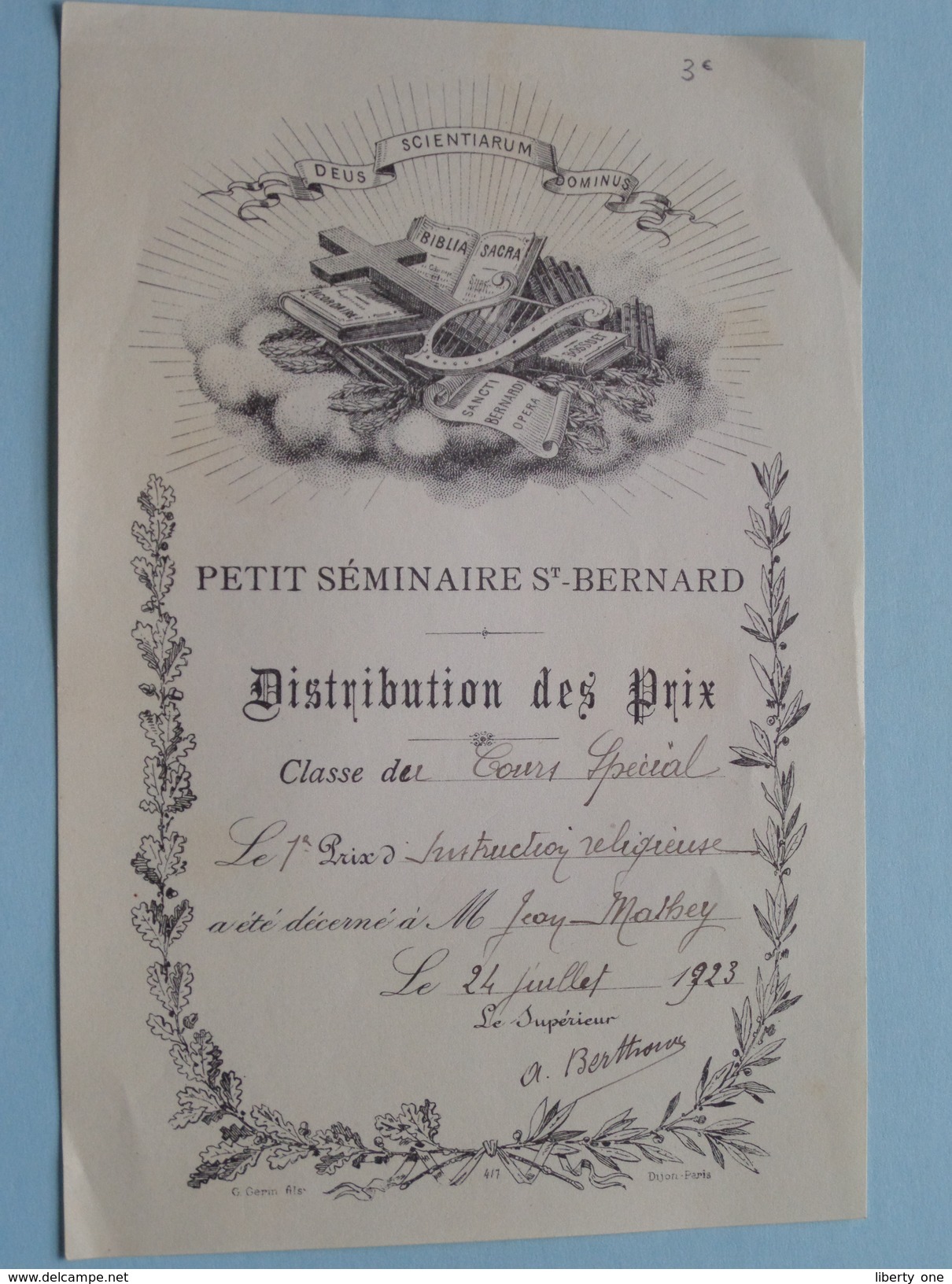 Petit Séminaire ST. BERNARD " Distribution Des Prix " ( Jean Mathey ) Anno 1923 ( Voir Photo ) ! - Diplome Und Schulzeugnisse