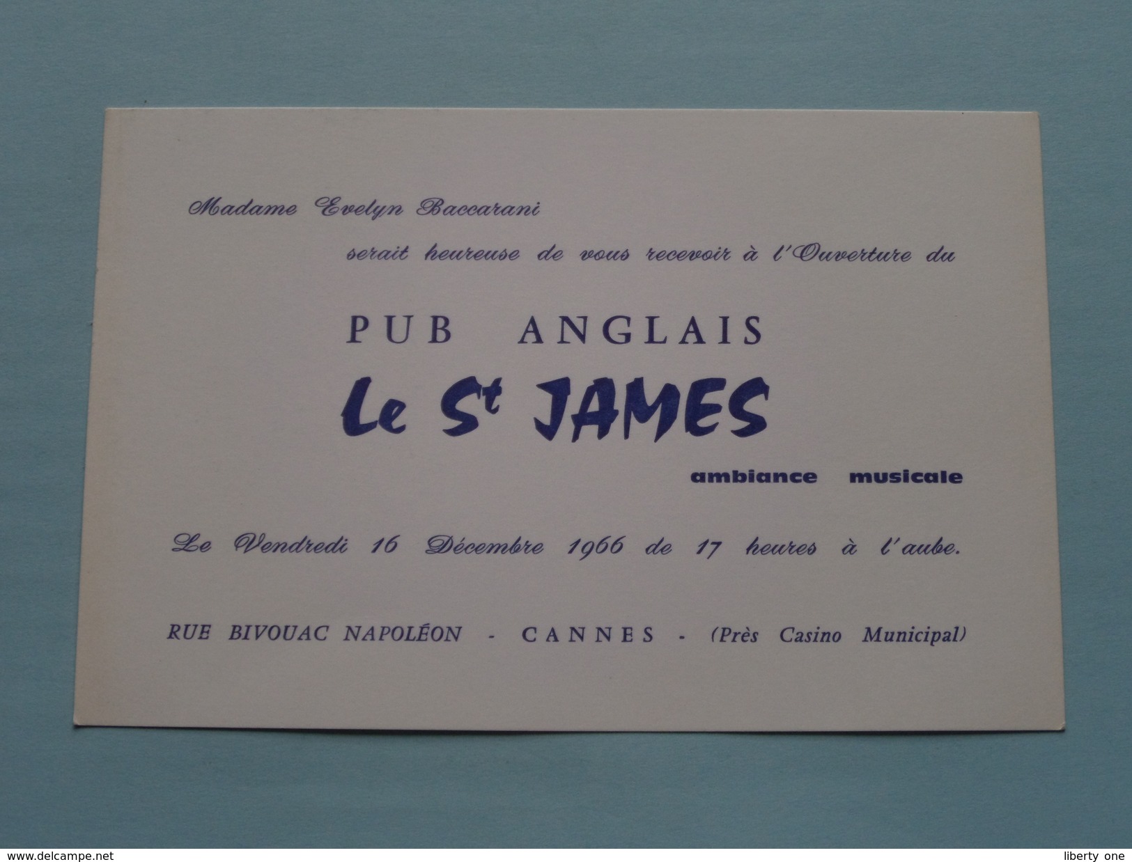Pub Anglais ' Le St. JAMES ' Rue Bivouac Napoléon CANNES ( Mme BACCARANI ) Ouverture / Anno 19?? ( Voir Photo ) ! - Cartes De Visite