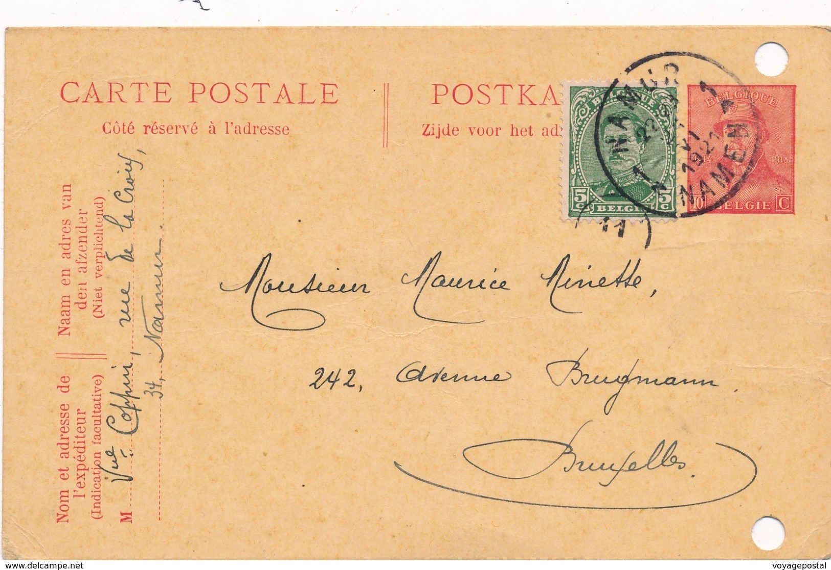 Entier Postal + Complement Namur Pour Bruxelles - Postcards 1909-1934