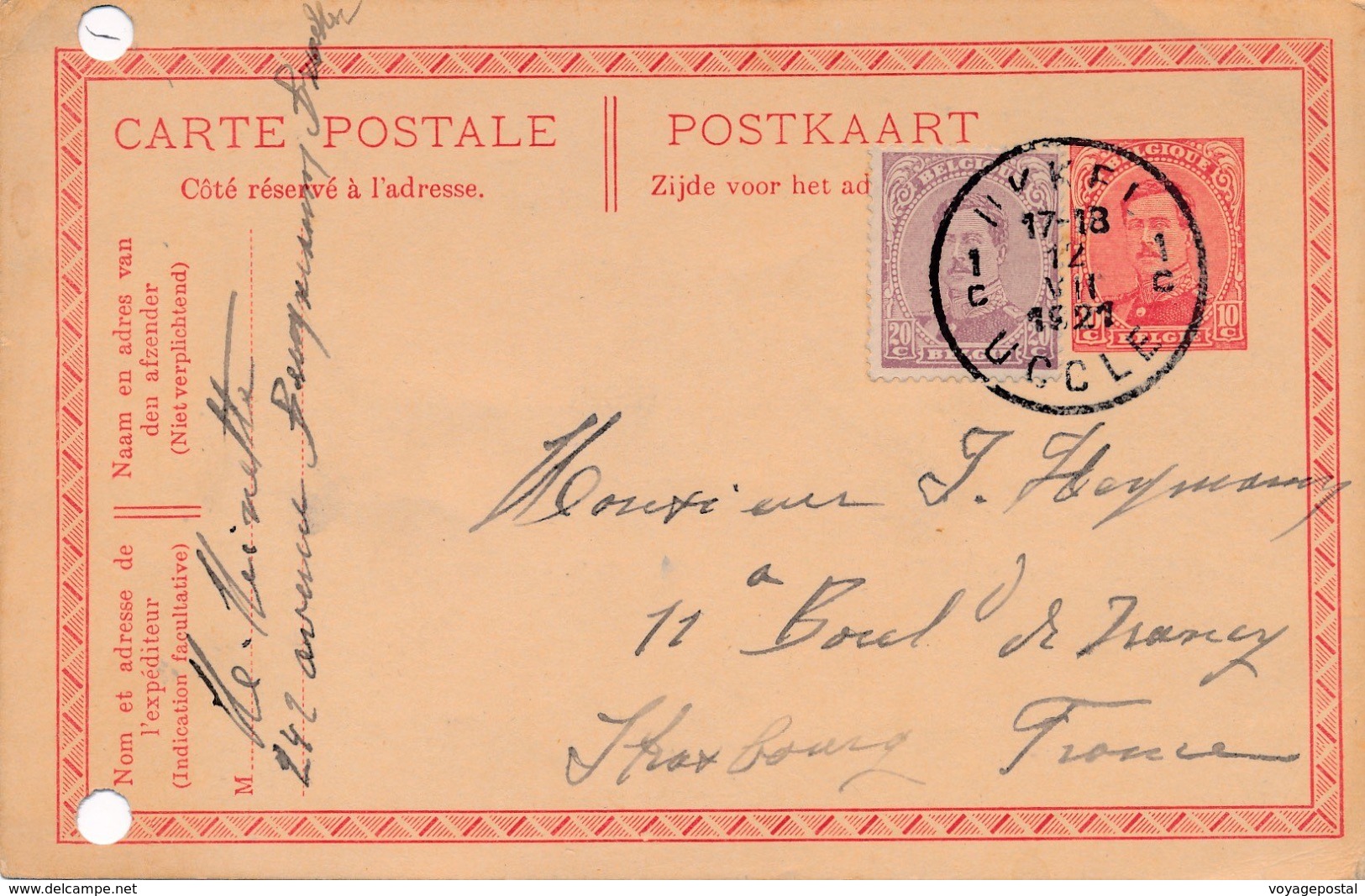 Entier Postal + Complement Ukkel/Uccle Pour Strasbourg - Cartes Postales 1909-1934