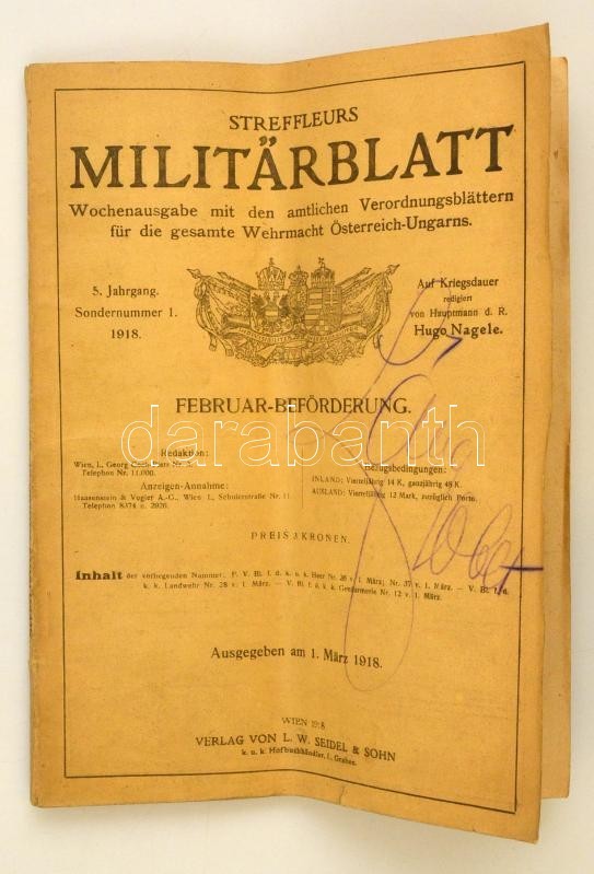 1918 Streffleurs Militärblatt. 5. évf. Nr. 36. 1918. Március. Wien, 1918, L.W. Seidel&Sohn. Kiadói Papírkötésben, Német  - Non Classificati