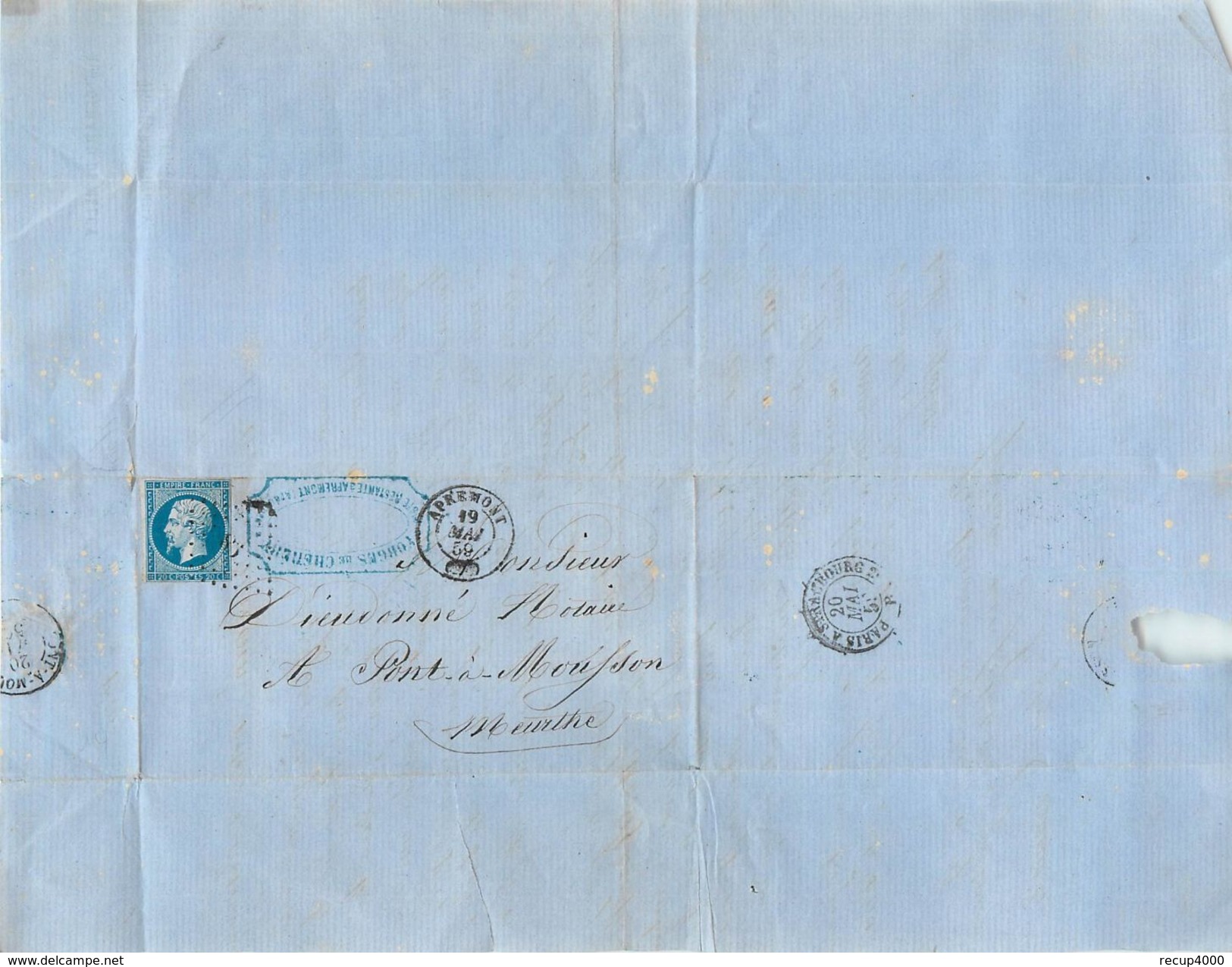 LETTRE  Napoléon 20c Bleu N14 De Apremont  à Limoux 1859  2 Scans - 1849-1876: Période Classique