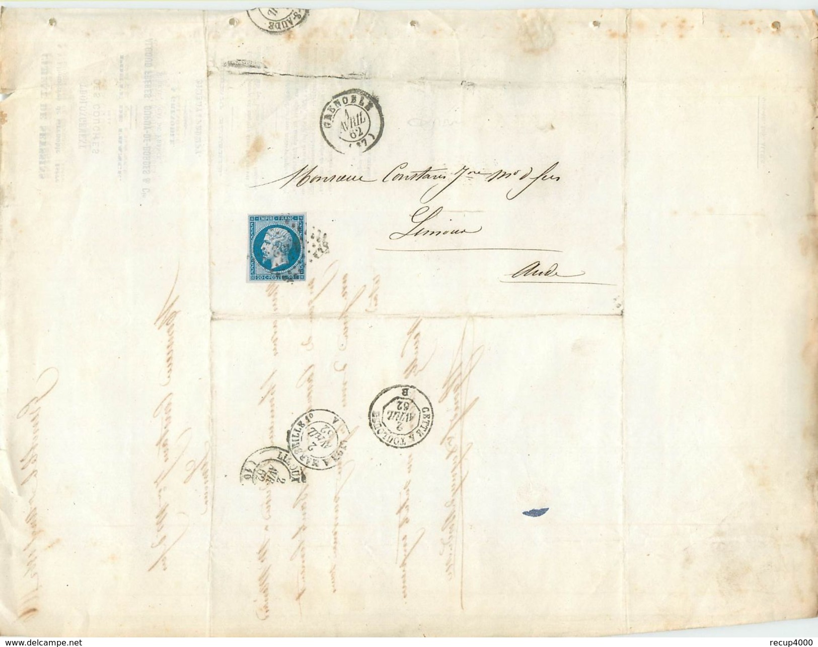LETTRE  Napoléon 20c Bleu N14 De Grenoble  à Limoux 1862 2 Scans - 1849-1876: Période Classique
