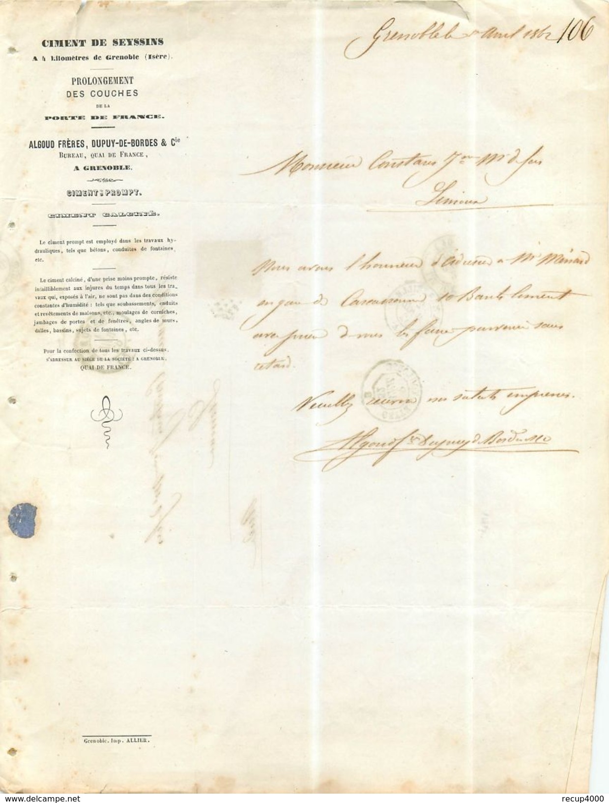 LETTRE  Napoléon 20c Bleu N14 De Grenoble  à Limoux 1862 2 Scans - 1849-1876: Klassik