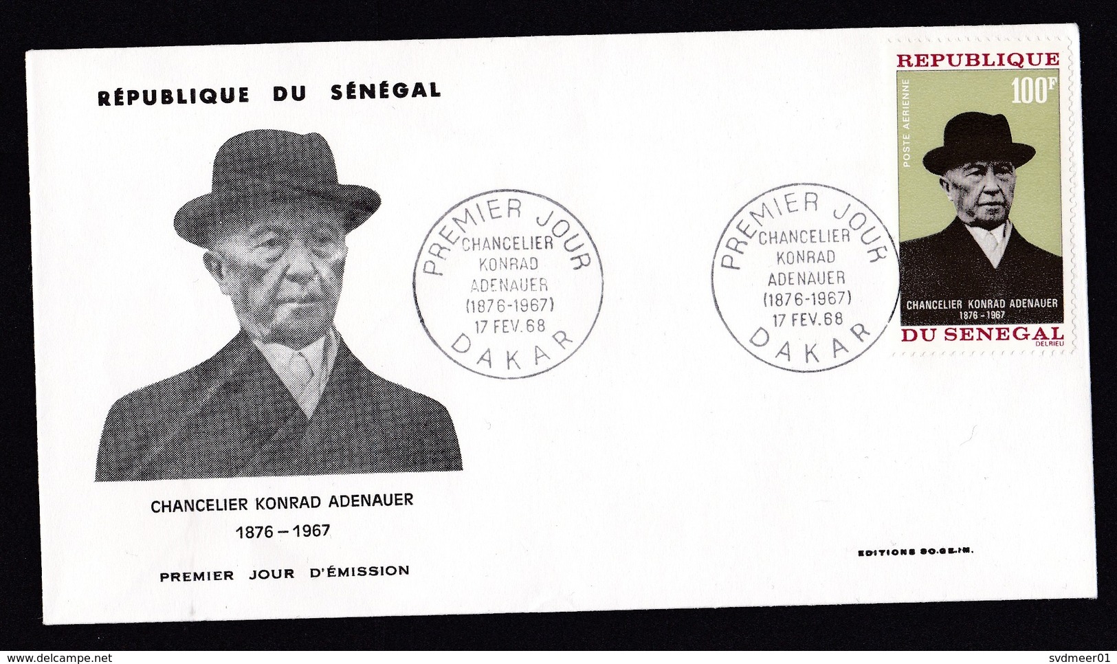 Senegal: FDC First Day Cover, 1968, 1 Stamp, German Politician Konrad Adenauer, Germany, Politics (traces Of Use) - Senegal (1960-...)