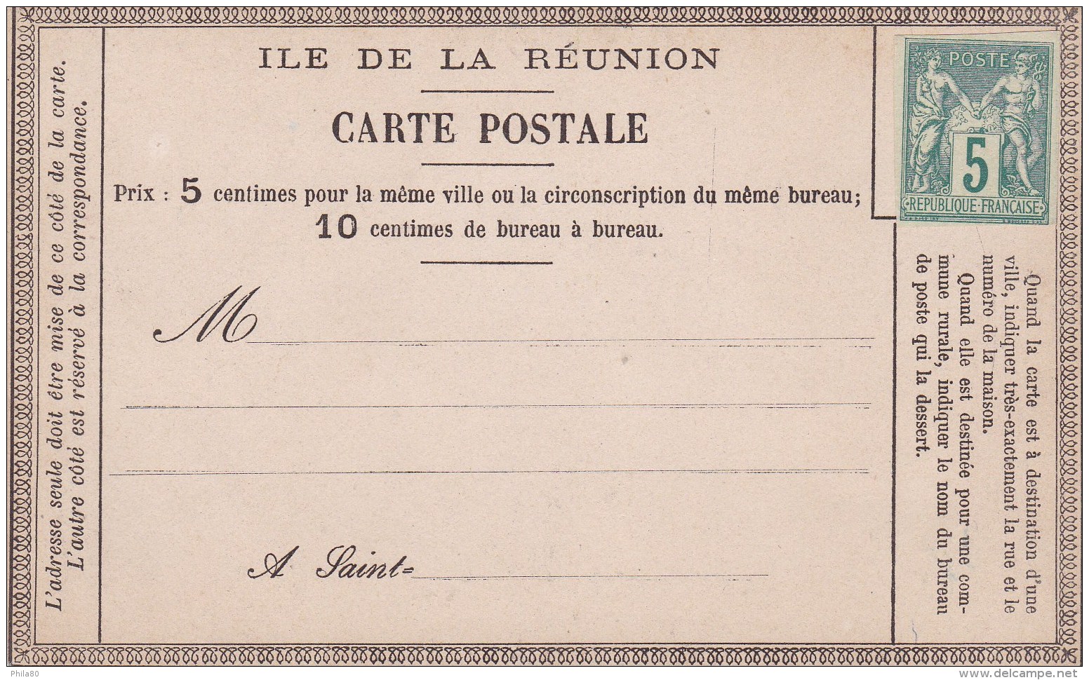 Reunion Carte Lettre De 5c Type Sage Vierge - Ungebraucht