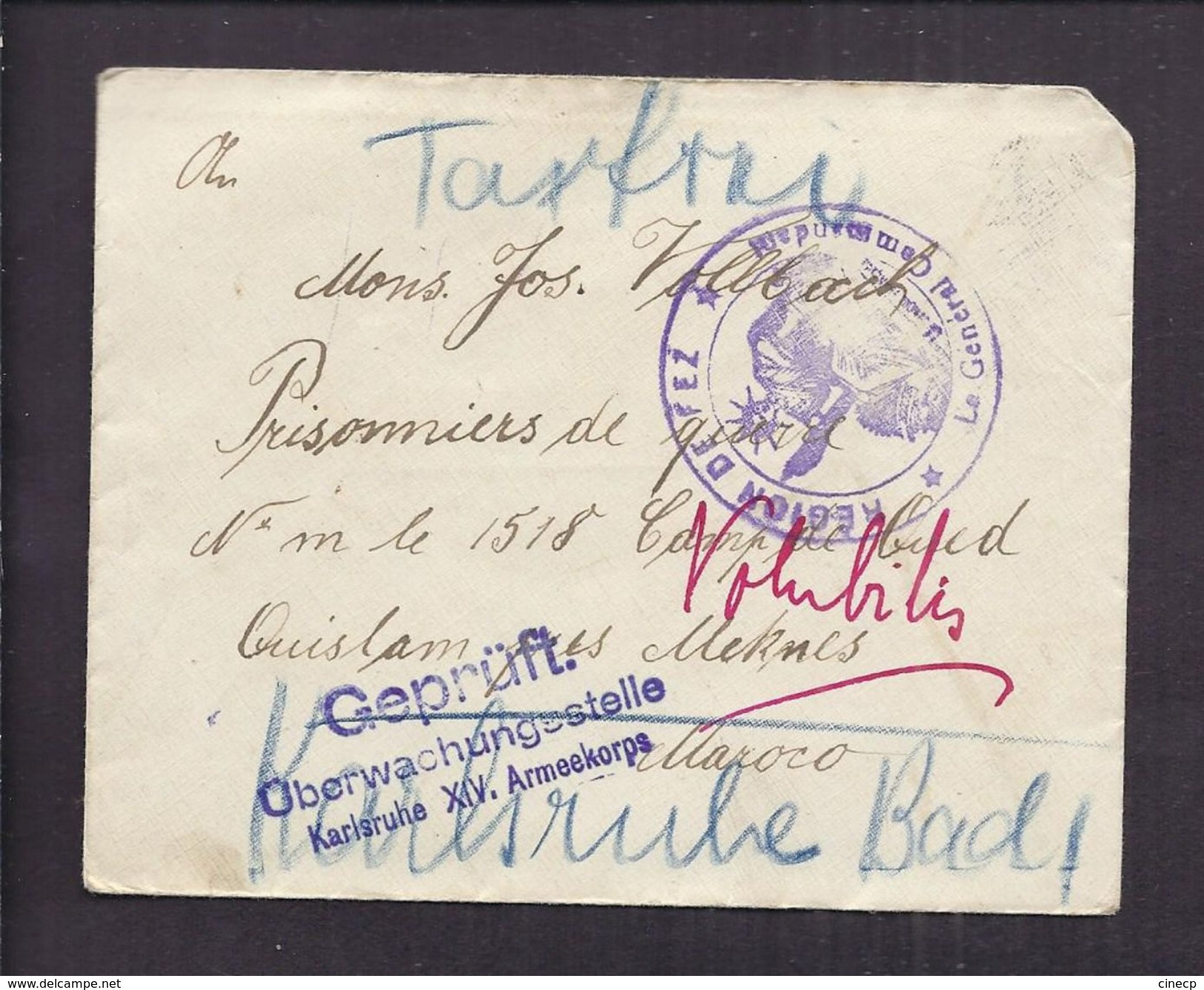 ENVELOPPE MILITAIRE 1915 Prisonnier De Guerre Allemand Camp Volubilis Maroc Karlsruhe Vers MEKNES CENSURE - Lettres & Documents