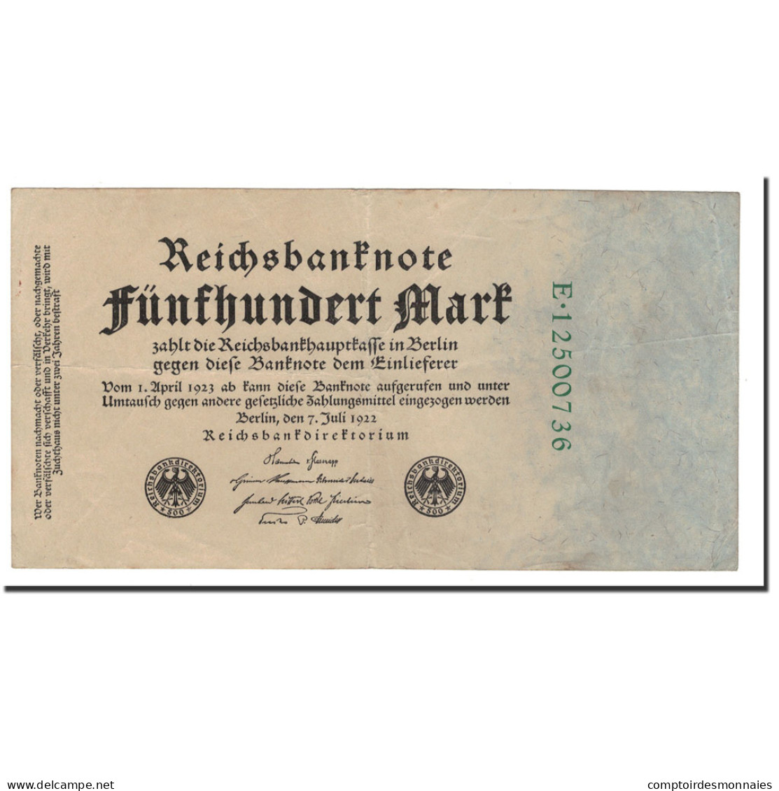 Billet, Allemagne, 500 Mark, 1922, 1922-07-07, KM:74c, TB+ - 500 Mark