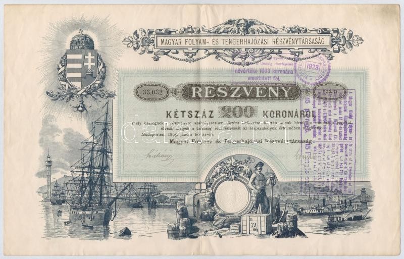 Budapest 1895. 'Magyar Folyam- és Tengerhajózási Részvénytársaság' Részvénye 200K-ról, Vízjeles Papíron, Bélyegzésekkel  - Non Classificati