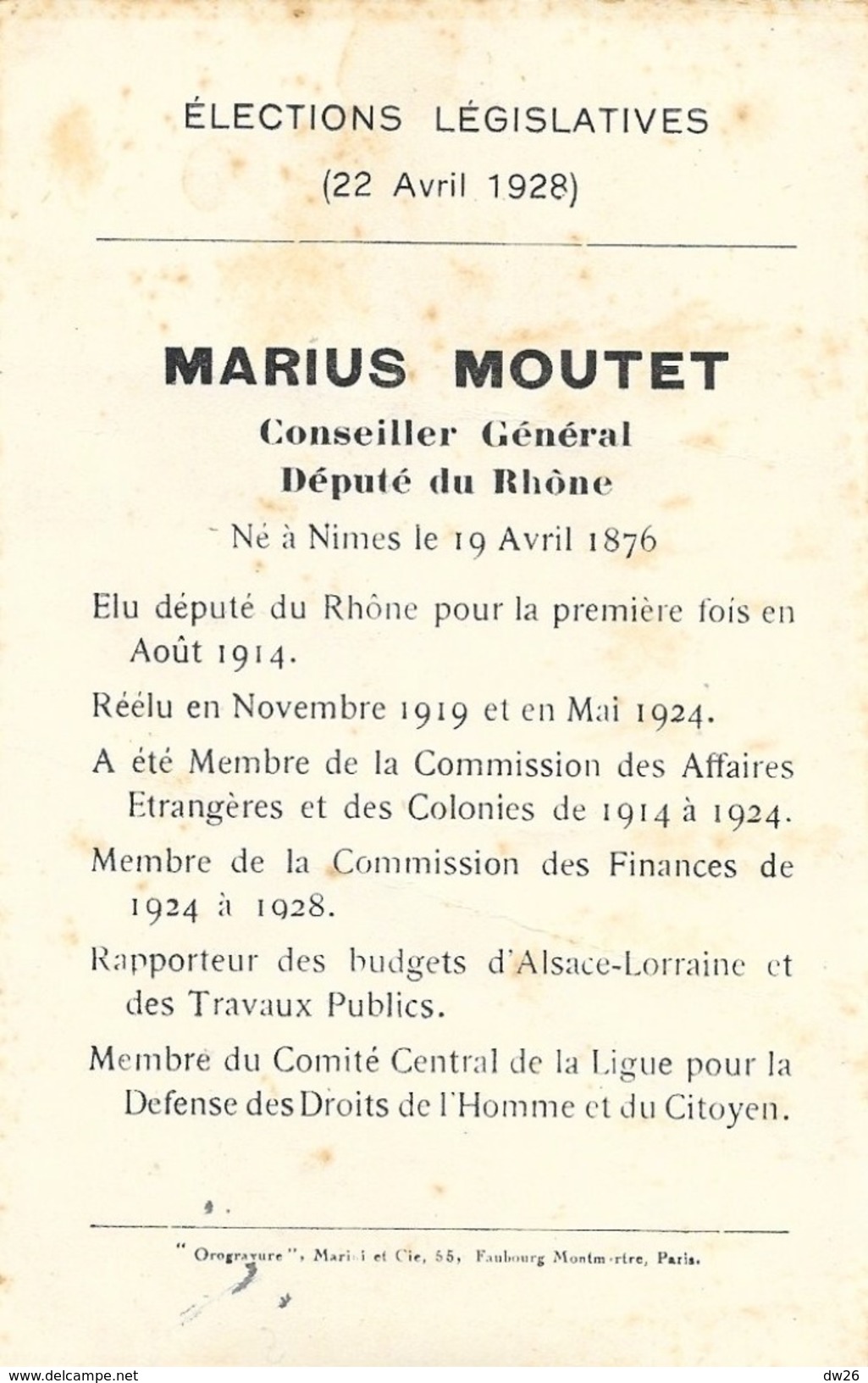 Fiche Elections Législatives 1928 - Marius Moutet, Député Du Rhône, Conseiller Général Né à Nîmes En 1876 - Other & Unclassified