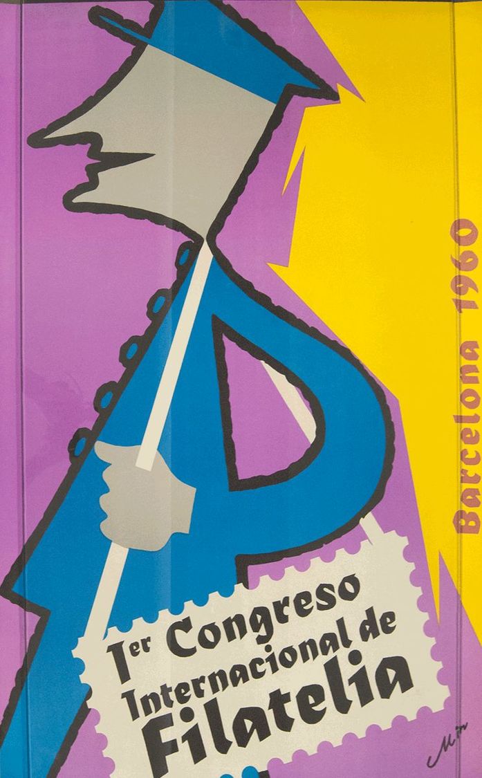 1 Cartel Del 1º CONGRESO INTERNACIONAL DE FILATELIA (Mir, Cartero). Barcelona 1960. MAGNIFICO Y RARISIMO. - Autres & Non Classés