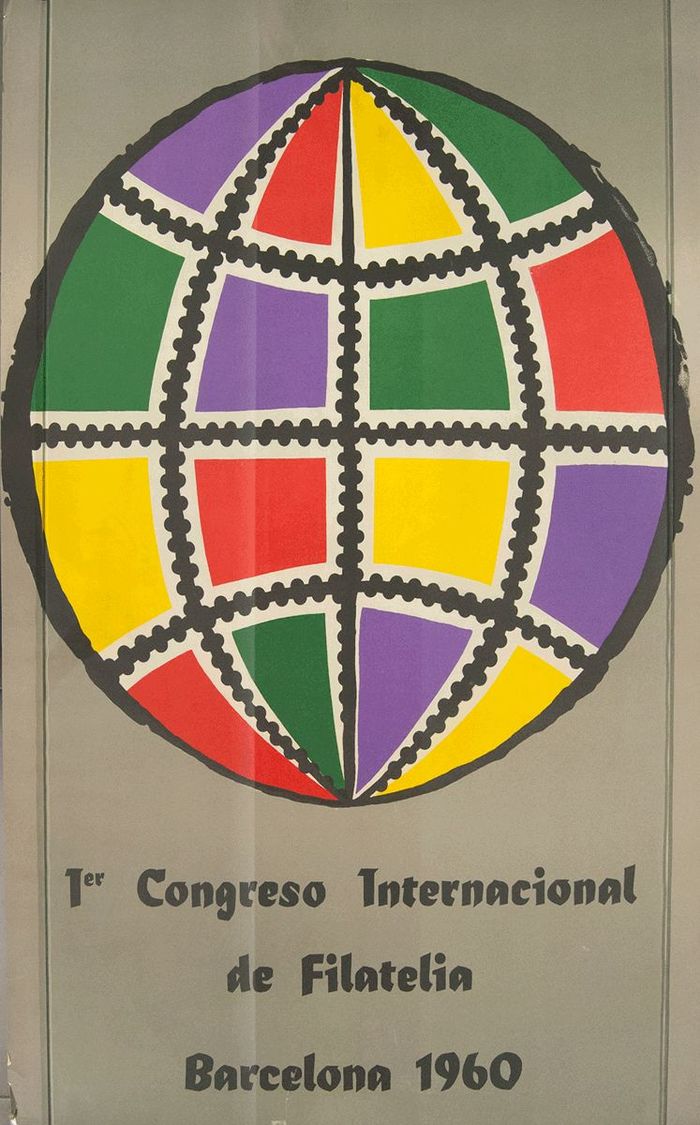 1 Cartel Del 1º CONGRESO INTERNACIONAL DE FILATELIA (Planeta Realizado Con Sellos). Barcelona 1960. MAGNIFICO Y RARISIMO - Autres & Non Classés