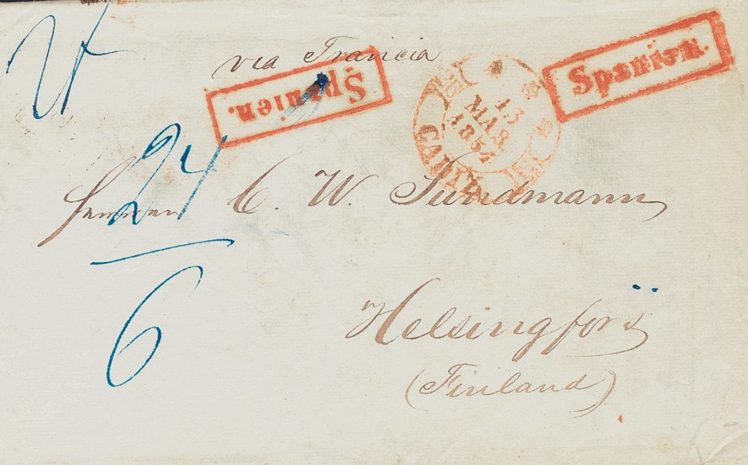 1 SOBRE 1854. CADIZ A HELSINKI (FINLANDIA). En El Frente Baeza *** / CADIZ Y Marca SPANIEN, Aplicada En Tránsito Y Diver - Andere & Zonder Classificatie