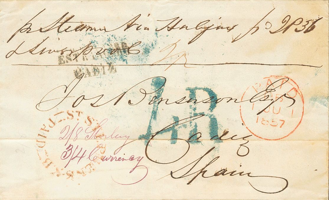 1 SOBRE 1857. CALAIS (MAINE, U.S.A.) A CADIZ, Depositada En El Correo De Nueva Brunswick (CANADA). Marca ST. STEPHEN / S - Sonstige & Ohne Zuordnung