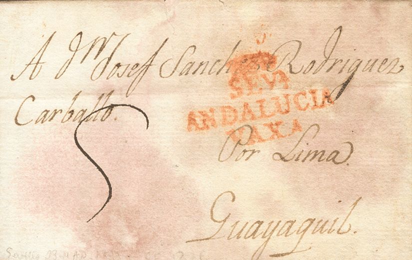 1 SOBRE 1805. SEVILLA A GUAYAQUIL (ECUADOR) (manchas De Humedad). Marca SEVª / ANDALUCIA / VAXA (P.E.12) Edición 2004 Y  - Autres & Non Classés