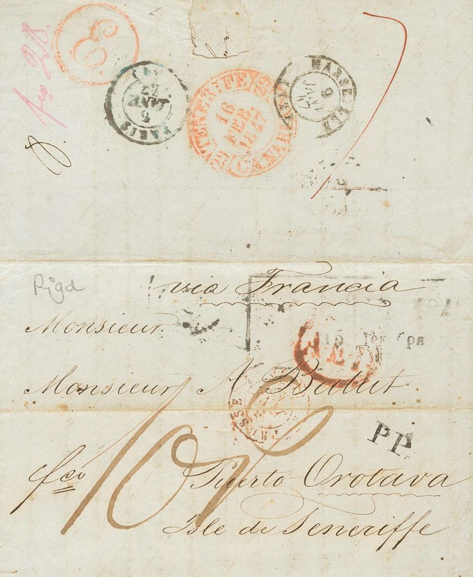 1 SOBRE 1847. RIGA (LETONIA) A PUERTO DE LA OROTAVA (ISLAS CANARIAS). Marca Rectangular De Origen (no Legible) Y Tránsit - ...-1850 Voorfilatelie