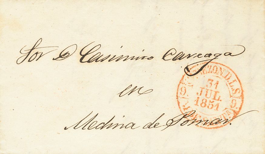 1 SOBRE 1851. MAZCUERRAS (SANTANDER) A MEDINA DE POMAR. Baeza CABEZON D.L.S. / M. DE SANTR, En Rojo. MAGNIFICA. - Otros & Sin Clasificación