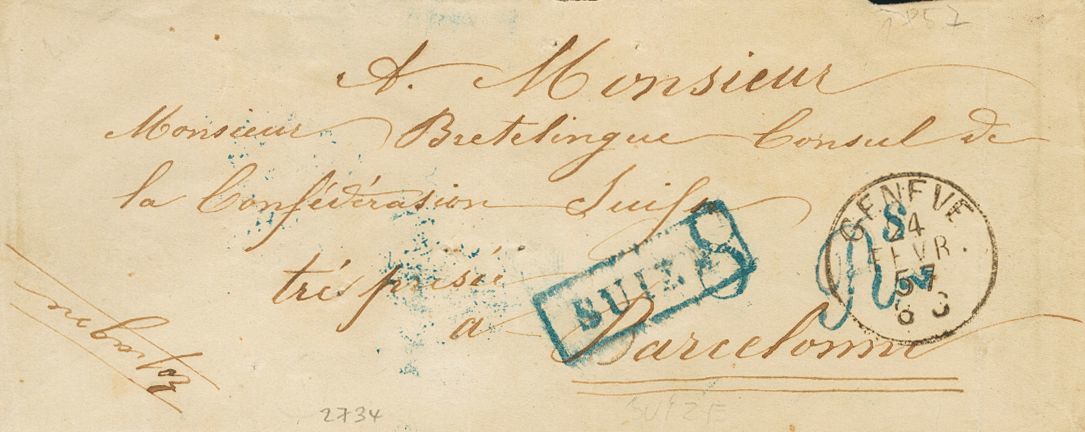 1 SOBRE 1857. GINEBRA (SUIZA) A BARCELONA. Marca Rectangular SUIZA, En Azul De La Junquera, Aplicada Para Indicar El Ori - ...-1850 Préphilatélie