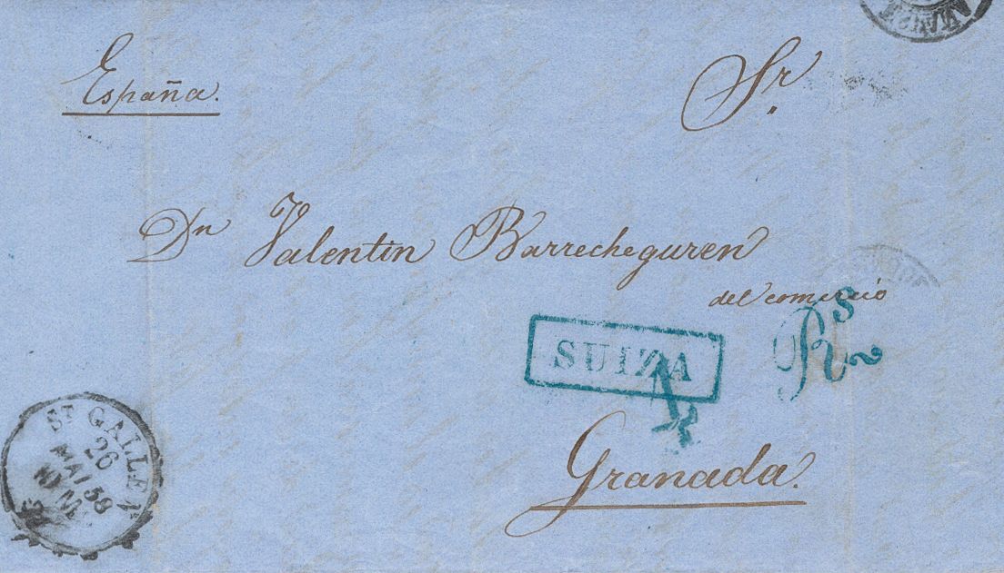 1 SOBRE 1858. SAINT GALLEN (SUIZA) A GRANADA. Marca Rectangular SUIZA, En Azul De La Junquera, Aplicada Para Indicar El  - ...-1850 Préphilatélie