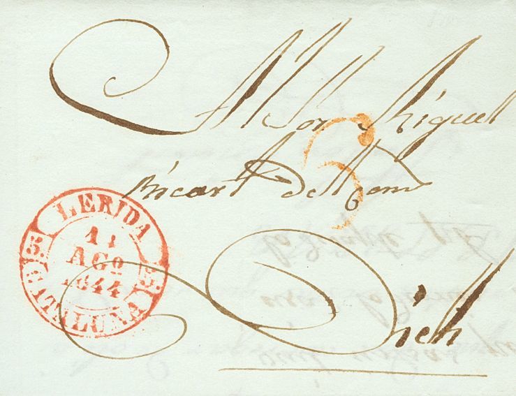 1 SOBRE 1844. SAN RAMON (LERIDA) A VICH. Baeza LERIDA / CATALUÑA, En Rojo. MAGNIFICA ESTAMPACION. - ...-1850 Prephilately