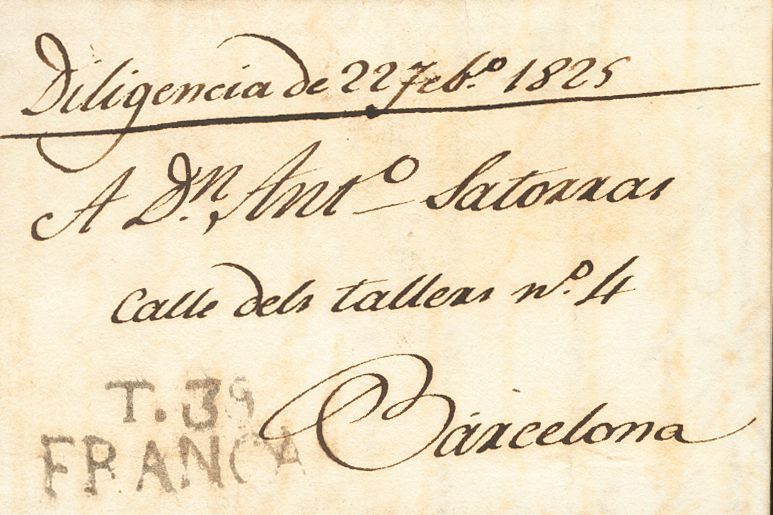 1 SOBRE 1825. TARRAGONA A BARCELONA. Marca T.39 / FRANCA, En Negro (P.E.17) Edición 2004. MAGNIFICA Y RARISIMA, ESPECIAL - ...-1850 Prefilatelia