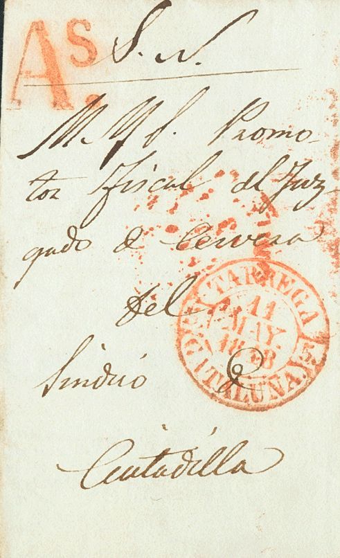 1 SOBRE 1848. TARREGA A CERVERA. Baeza TARREGA / CATALUÑA Y Marca "As", En Rojo De Tárrega (P.E.11) Edición 2004. MAGNIF - ...-1850 Préphilatélie