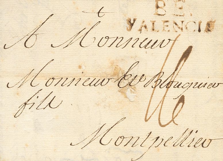 1 SOBRE 1792. BENICARLO A MONTPELLIER (FRANCIA). Marca B.E. / VALENCIA, En Tinta De Escribir (P.E.4) Edición 2004. MAGNI - ...-1850 Prephilately