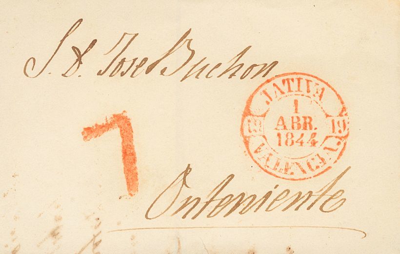 1 SOBRE 1844. JATIVA A ONTENIENTE. Baeza JATIVA / VALENCIA, En Rojo. MAGNIFICA ESTAMPACION. - ...-1850 Prephilately