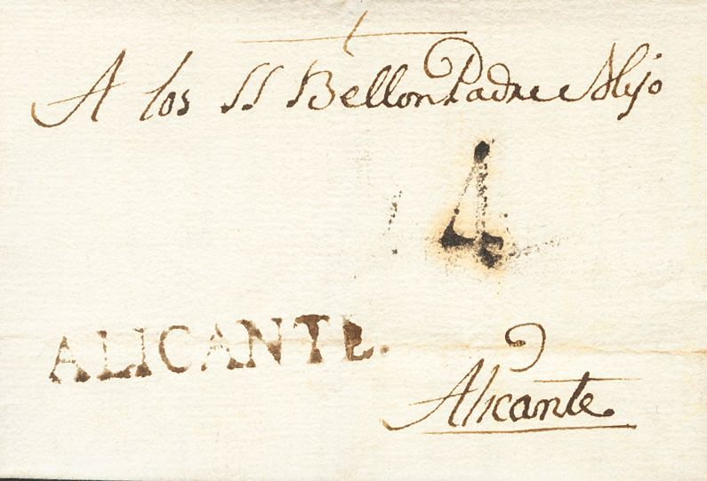 1 SOBRE 1786. JIJONA A ALICANTE. Marca ALICANTE, De Jijona (P.E.1) Edición 2004. MAGNIFICA Y RARISIMA. Ex-Lecha. - ...-1850 Prephilately