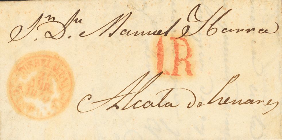 1 SOBRE 1849. TORRELAGUNA A ALCALA DE HENARES. Baeza TORRELAGUNA / CAST. LA N., En Rojo. MAGNIFICA Y MUY RARA. - ...-1850 Prephilately
