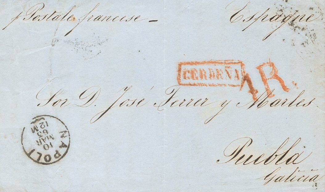 1 SOBRE 1863. Tres Cartas De ITALIA A ESPAÑA, Dos De Ellas Dirgidas A PUEBLA DE CARAMIÑAL Y Con Marcas CERDEÑA, En Rojo  - ...-1850 Prephilately