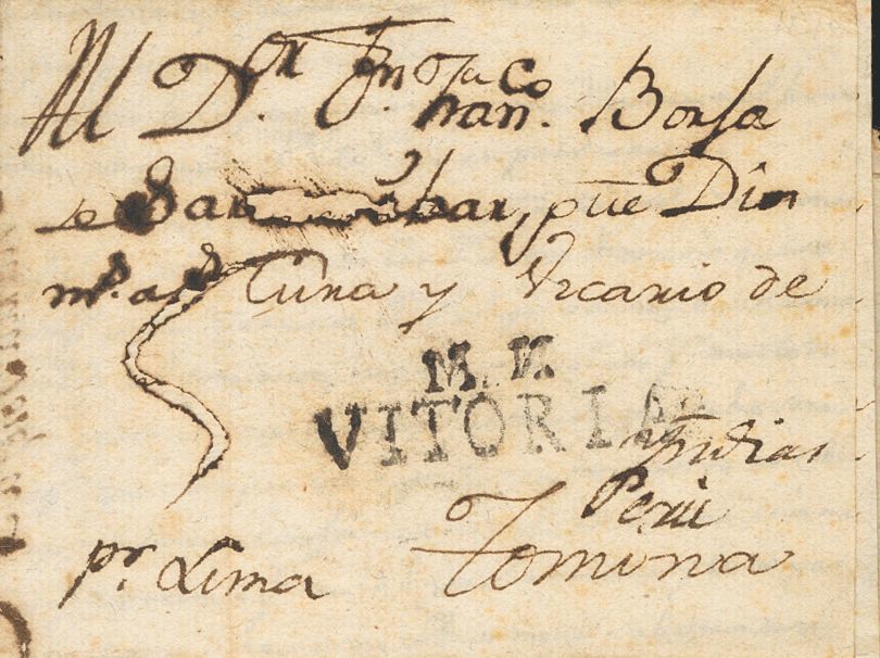 1 SOBRE 1799. OÑATE (GUIPUZCOA) A TOMINA (PERU). Marca M.N. / VITORIA, De Mondragón En Tránsito (P.E.4) Edición 2004 Y M - ...-1850 Voorfilatelie