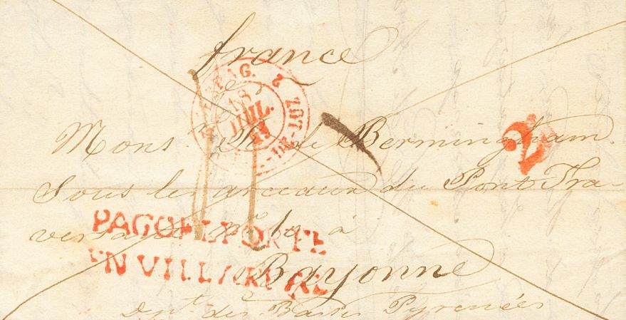 1 SOBRE 1841. AZCOITIA A BAYONA (FRANCIA). Marca PAGO EL PORTE / EN VILLAREAL, En Rojo (P.E.12) Edición 2004. MAGNIFICA  - ...-1850 Prephilately