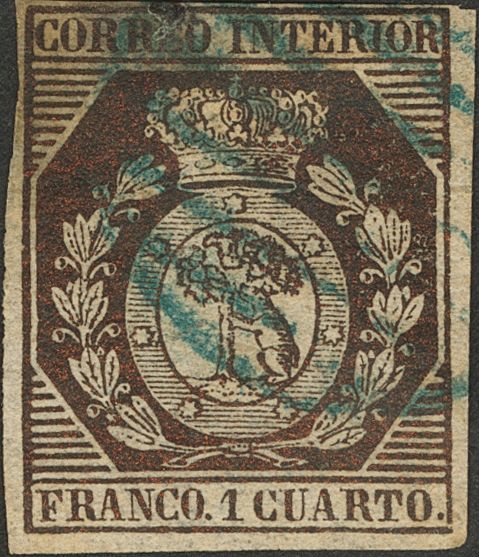 1 º 22 1 Cuarto Bronce (margen Superior Reparado). Matasello PARRILLA, En Azul. MAGNIFICO Y MUY RARO. (Edifil 2014: 1490 - Other & Unclassified
