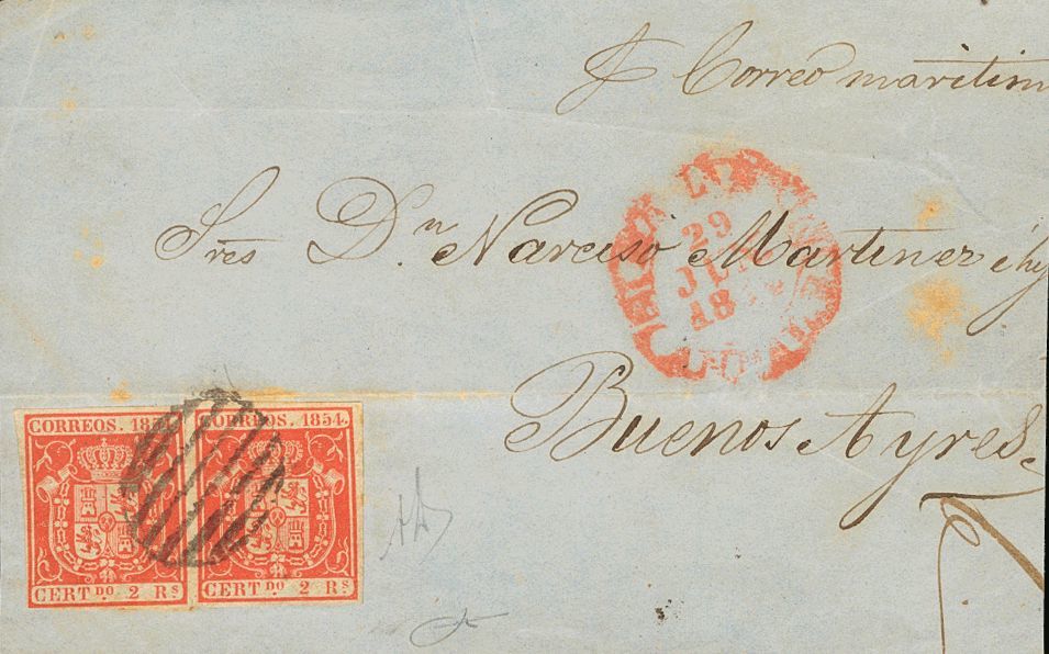 1 SOBRE 25(2) 1854. 2 Reales Rojo, Pareja. Frontal De SEVILLA A BUENOS AIRES (ARGENTINA). En El Frente Manuscrito "Corre - Autres & Non Classés