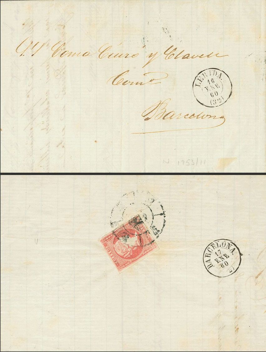 1 SOBRE 48F 1860. 4 Cuartos Rojo FALSO POSTAL TIPO V (actuando De Cierre Al Dorso). LERIDA A BARCELONA. Matasello R.CARR - Other & Unclassified