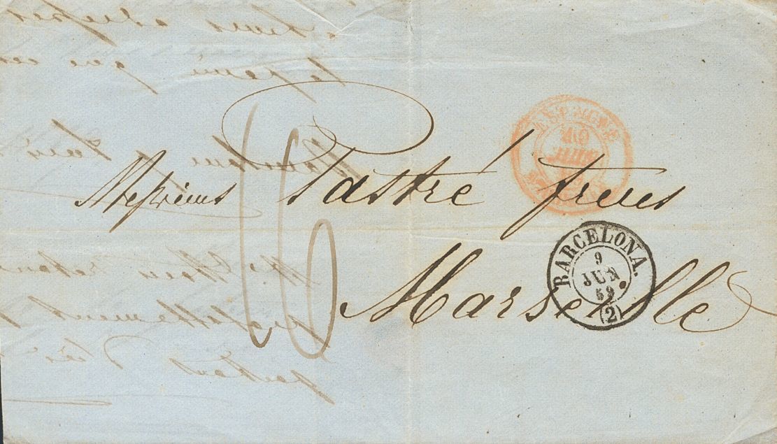 1 SOBRE 1859. Conjunto De Dos Cartas De BARCELONA A FRANCIA, Ambas Con Fechador En El Frente BARCELONA / (2), En Negro Y - Other & Unclassified