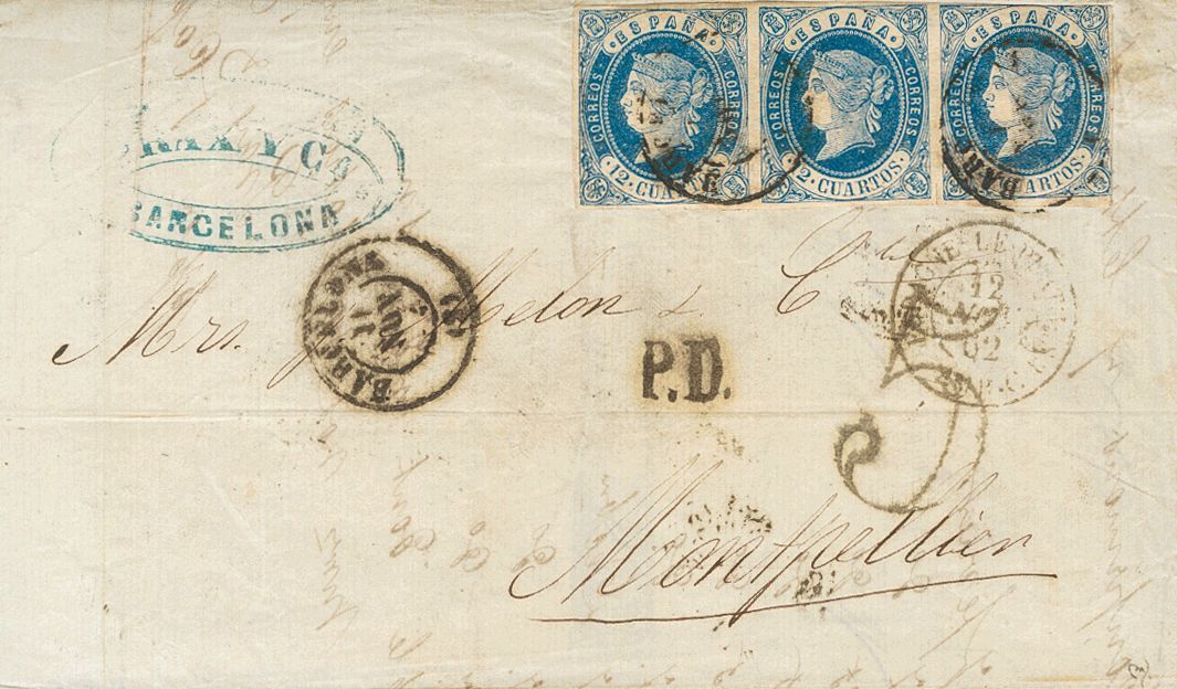 1 SOBRE 59 (1862ca). Conjunto De Dos Cartas Franqueadas Con El 12 Cuartos Azul De BARCELONA A MONTPELLIER (FRANCIA), Una - Other & Unclassified