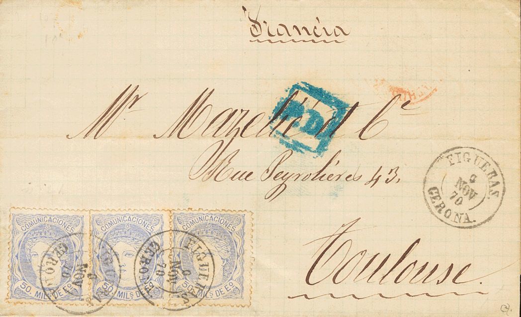 1 SOBRE 107(3) 1870. 50 Mils Azul, Tres Sellos. FIGUERAS A TOULOUSE (FRANCIA). Matasello FIGUERAS / GERONA. MAGNIFICA E  - Other & Unclassified