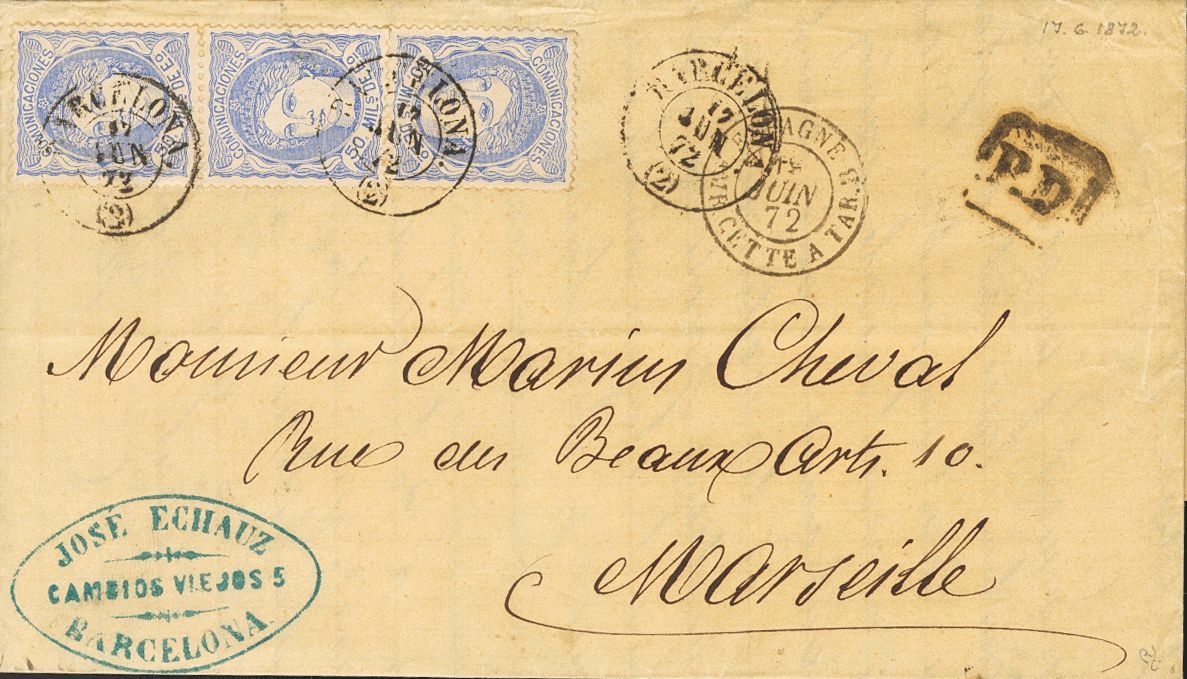 1 SOBRE 107(3) 1872. 50 Mils Ultramar, Tres Sellos. BARCELONA A MARSELLA. Matasello BARCELONA / (2). MAGNIFICA E INUSUAL - Other & Unclassified