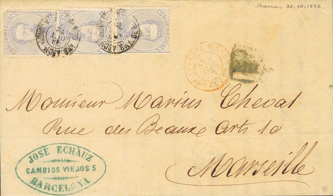 1 SOBRE 122(3) 1872. 12 Cts Lila Gris, Tres Sellos. BARCELONA A MARSELLA (FRANCIA). Matasello AMB.ASCTE / DE BARCELONA A - Other & Unclassified