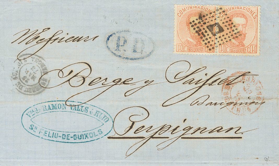 1 SOBRE 125(2) 1873. 40 Cts Castaño Claro, Pareja. SAN FELIU DE GUIXOLS A PERPIÑAN (FRANCIA). MAGNIFICA E INUSUAL FRANQU - Other & Unclassified