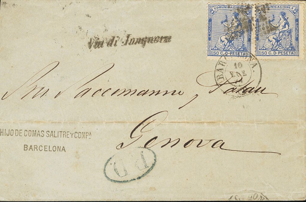 1 SOBRE 137(2) 1874. 50 Cts Ultramar, Pareja. BARCELONA A GENOVA (ITALIA). En El Frente Marca VIA DI JUNQUERA. MAGNIFICA - Other & Unclassified