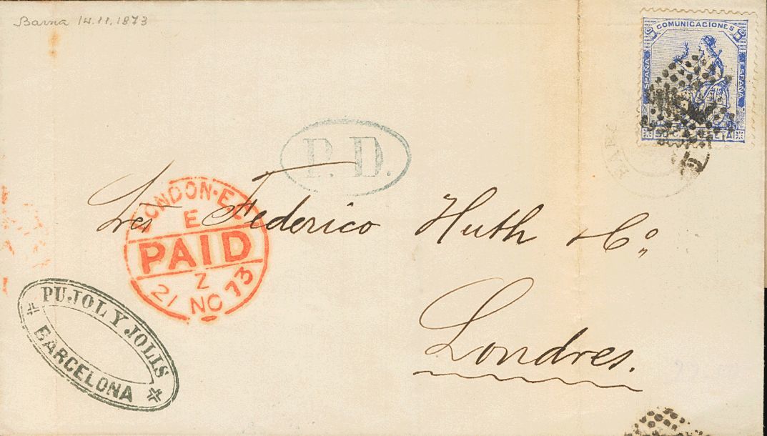 1 SOBRE 137(3) (1873ca). Conjunto De Dos Cartas Franquedas Con El 50 Cts Ultramar De BARCELONA A LONDRES (INGLATERRA), U - Other & Unclassified